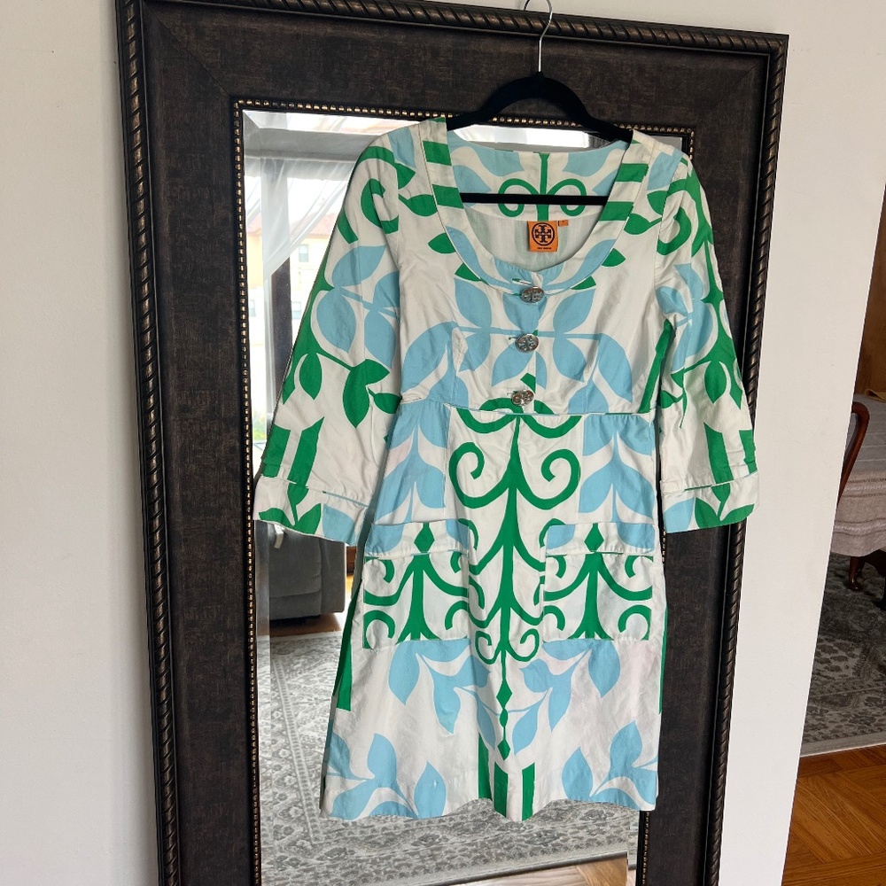 Tory Burch cotton, green, ivory and blue short cotton dress with 3/4 sleeves